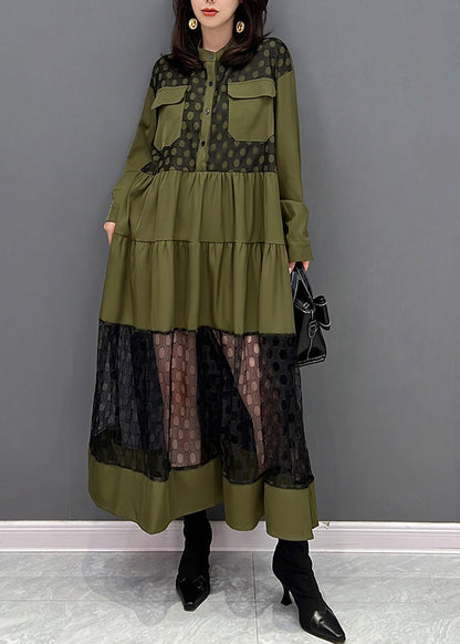 Green O-neck Patchwork Button Tulle Maxi Dresses Fall