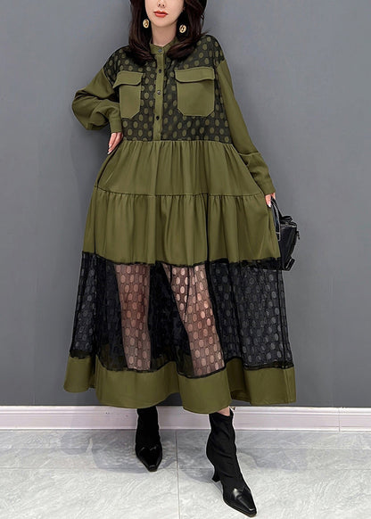 Green O-neck Patchwork Button Tulle Maxi Dresses Fall