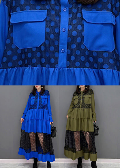 Green O-neck Patchwork Button Tulle Maxi Dresses Fall