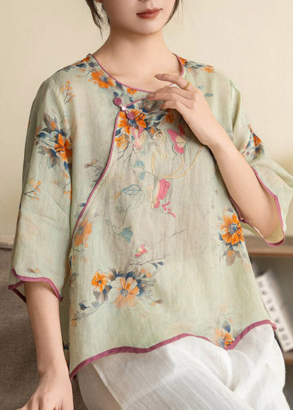 Green O-neck Patchwork Linen Top Half Sleeve