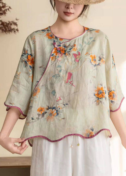 Green O-neck Patchwork Linen Top Half Sleeve