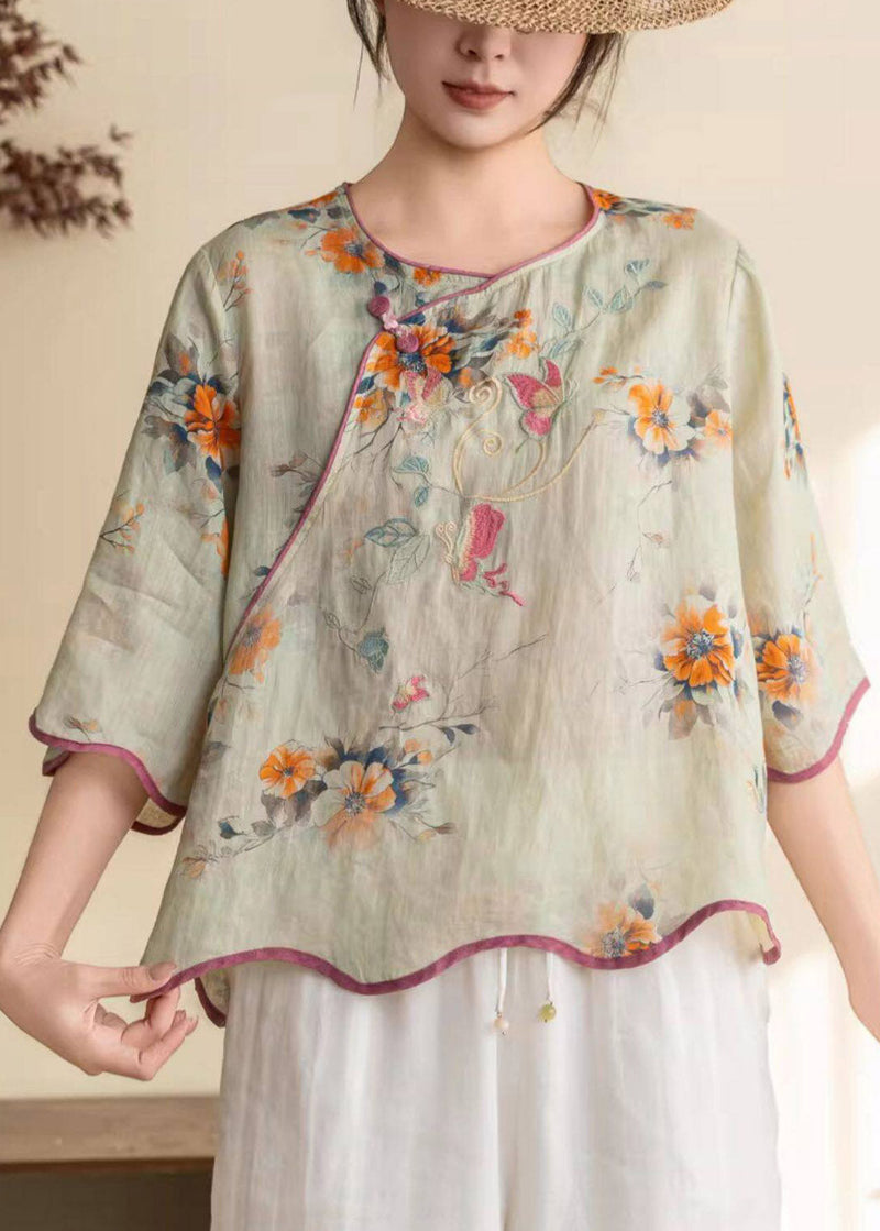 Green O-neck Patchwork Linen Top Half Sleeve