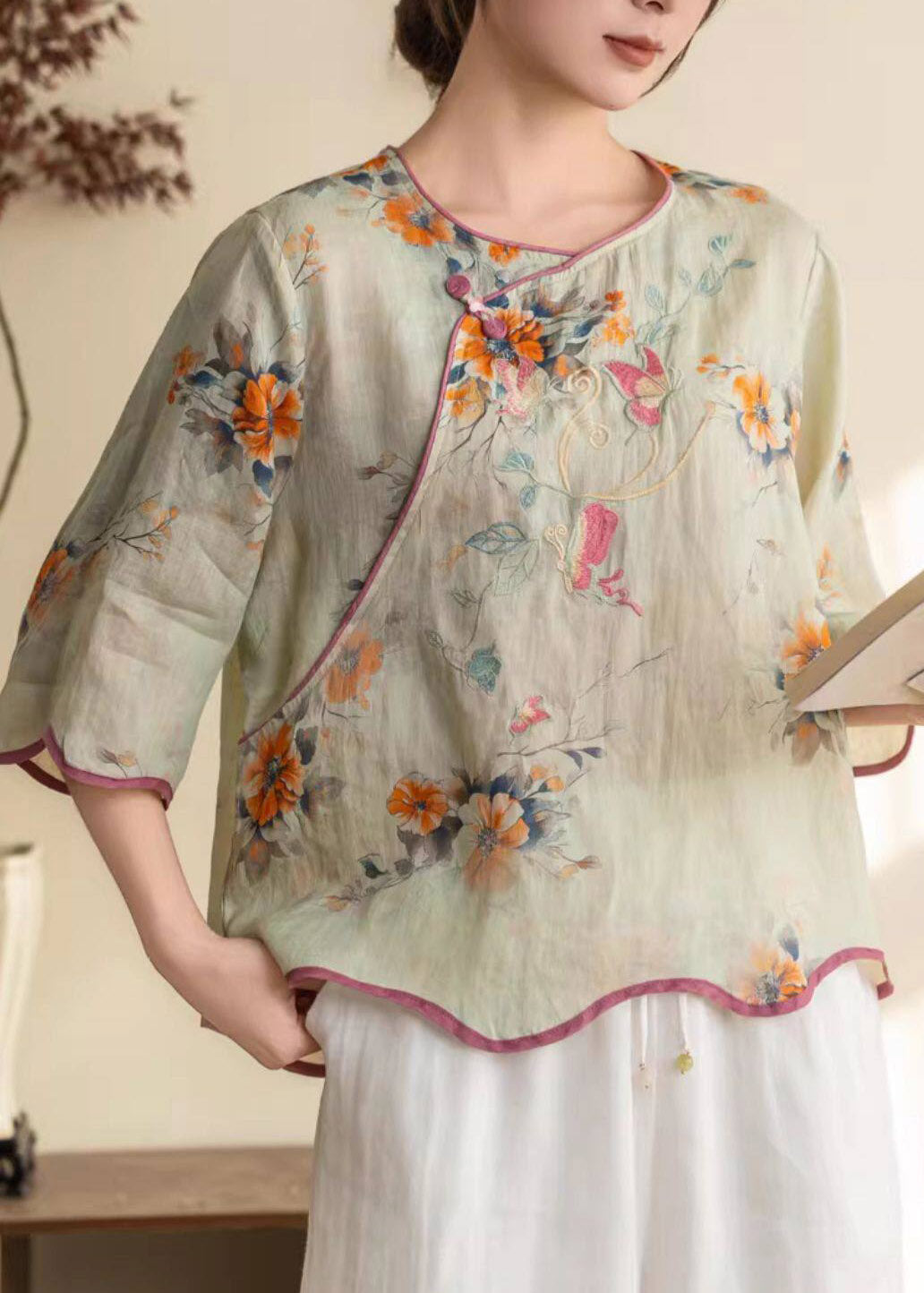 Green O-neck Patchwork Linen Top Half Sleeve
