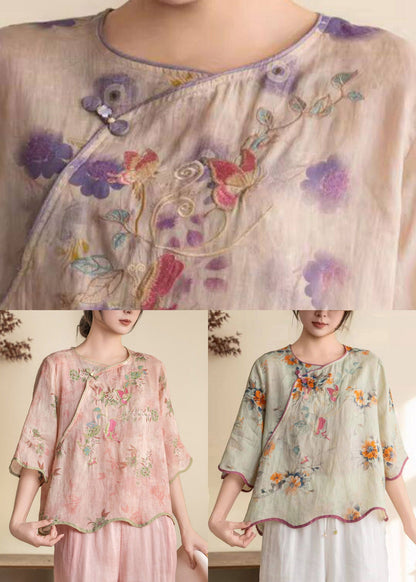 Green O-neck Patchwork Linen Top Half Sleeve