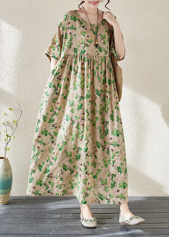 Green O-neck Print Long Dresses Summer