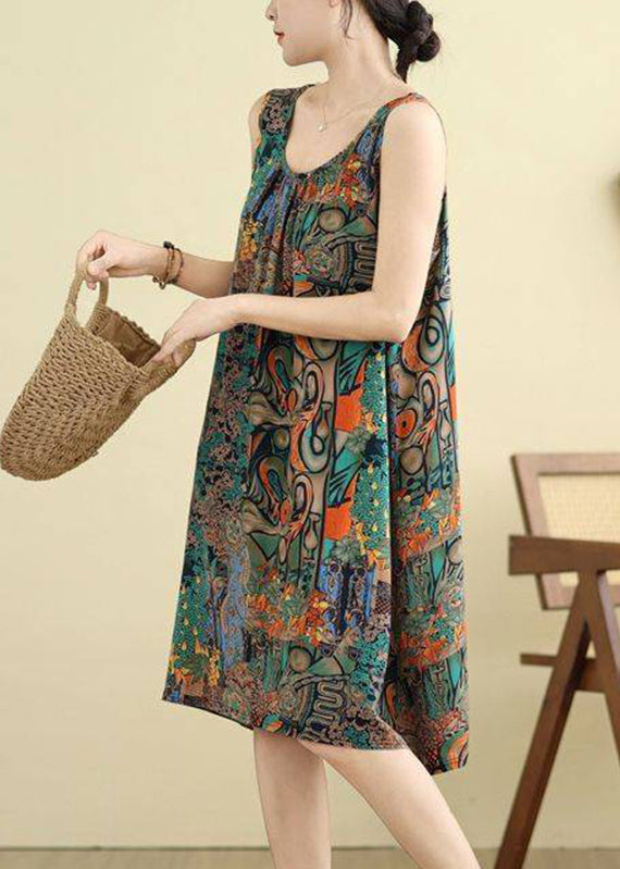 Green O-neck Print Maxi Dresses Sleeveless