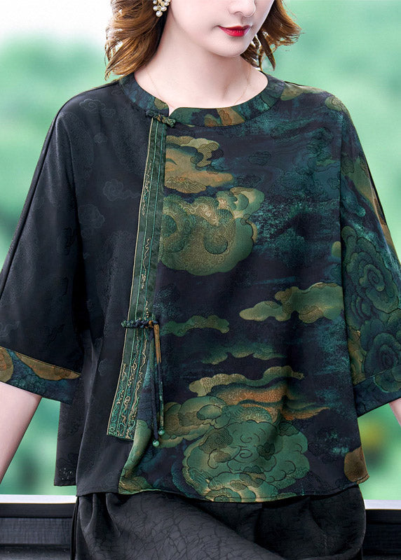 Green O-neck Print Patchwork Top Bracelet Sleeve