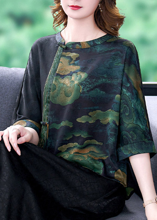 Flower4 O-neck Print Patchwork Top Bracelet Sleeve
