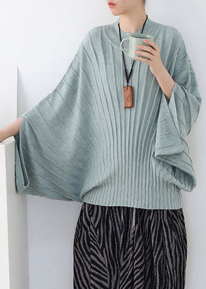 Green O-neck Woolen Knit Sweater Batwing Sleeve