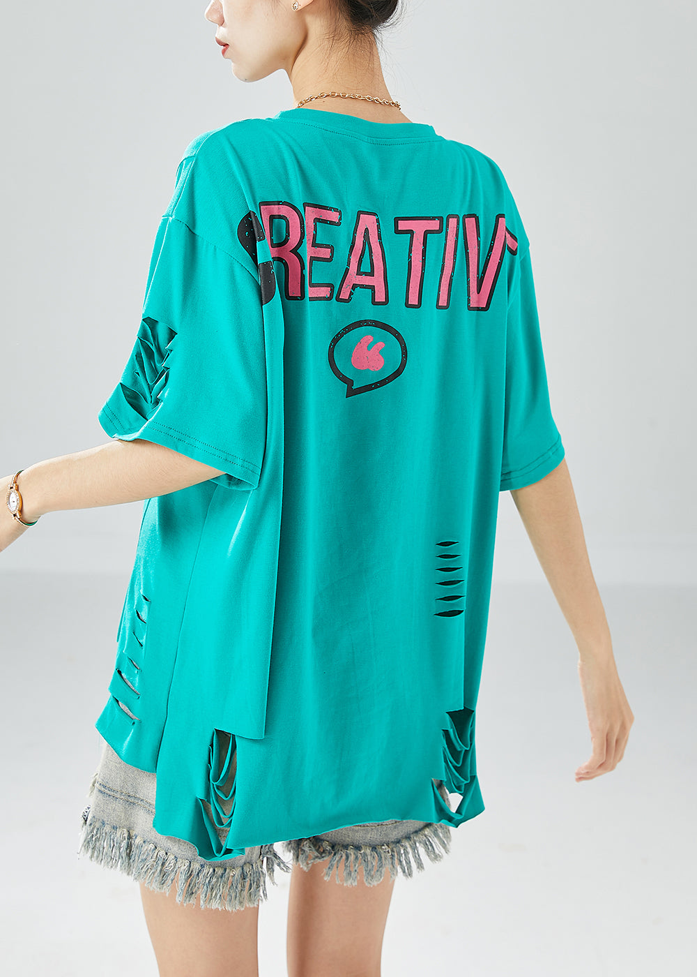 Green Original Design Cotton Ripped Tank Tops Oversized Summer
