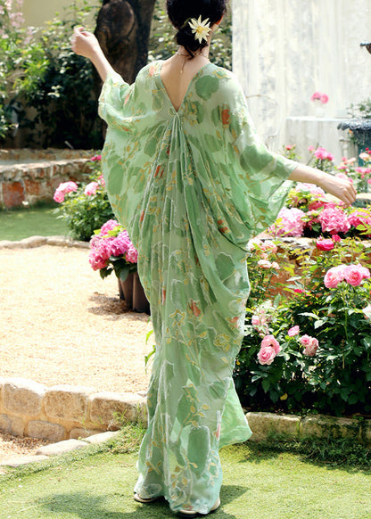 Green Original Design Silk Mid Dress V Neck Bracelet Sleeve