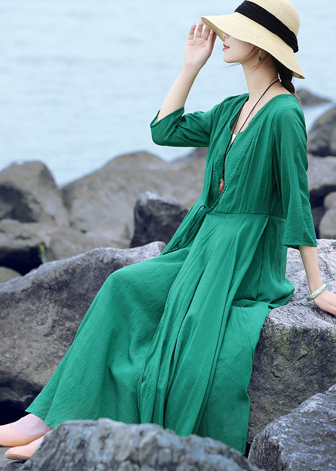 Green Original Layered Long Dress Tie Waist Three Quarter Sleeve