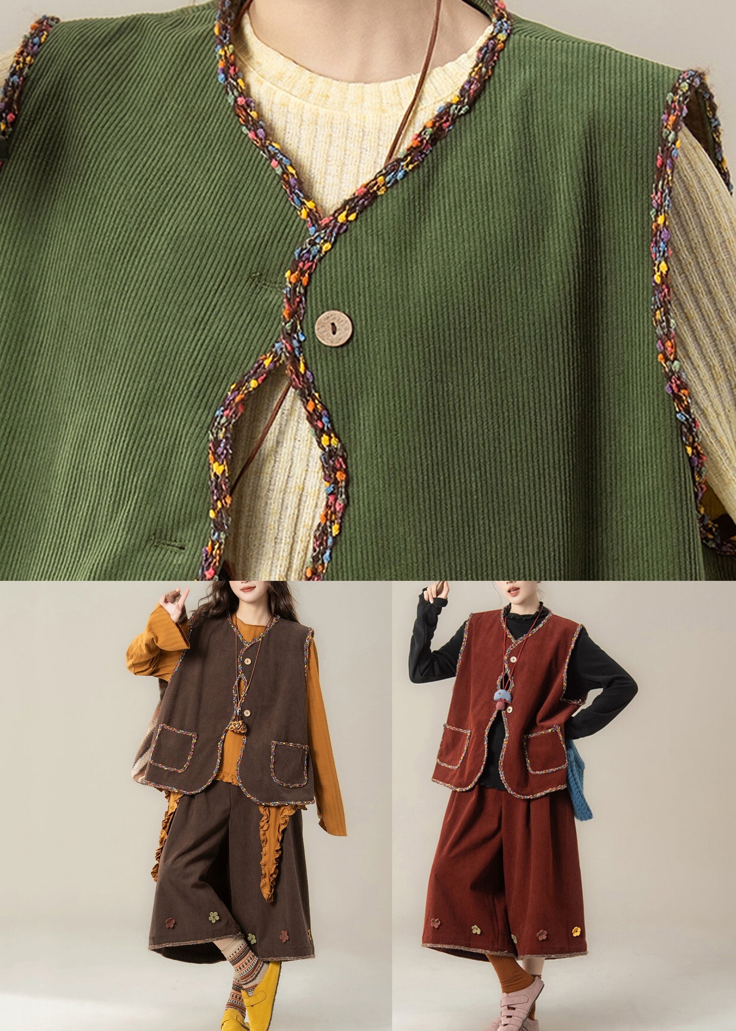 Green Patchwork Corduroy Waistcoat ,top and Crop Pants Three Pieces Set Sleeveless