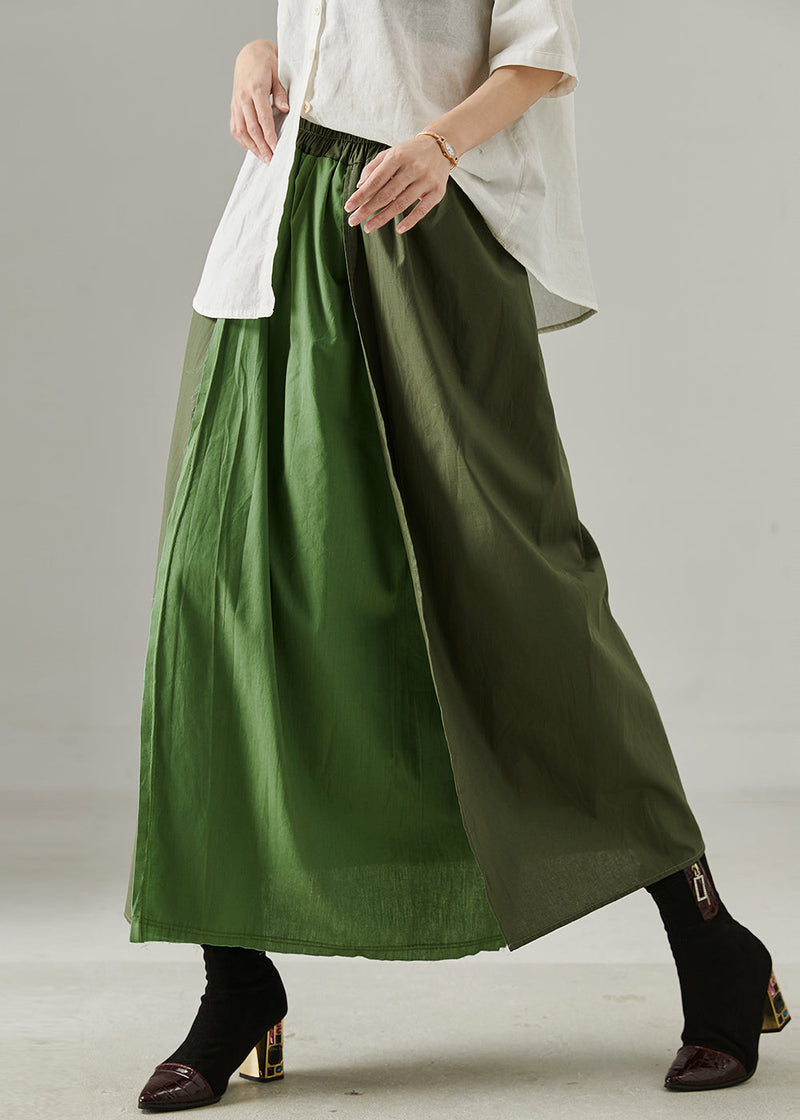 Green Patchwork Cotton a Line Skirt Elastic Waist Fall
