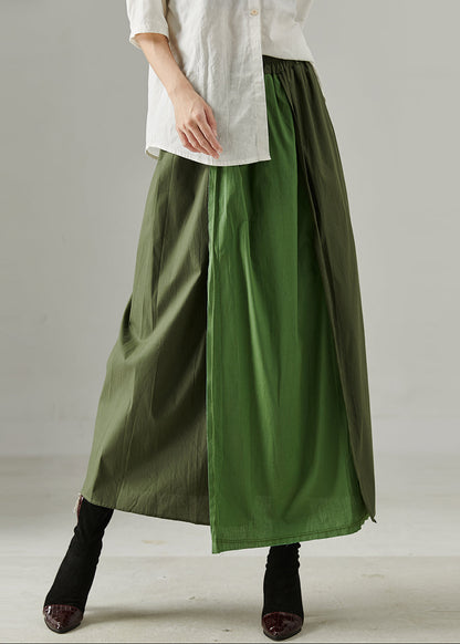 Green Patchwork Cotton a Line Skirt Elastic Waist Fall