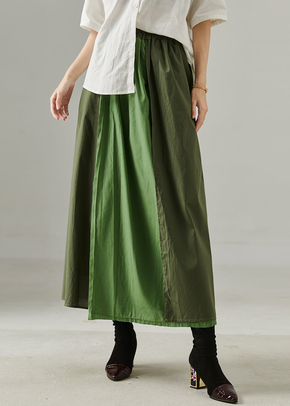 Green Patchwork Cotton a Line Skirt Elastic Waist Fall