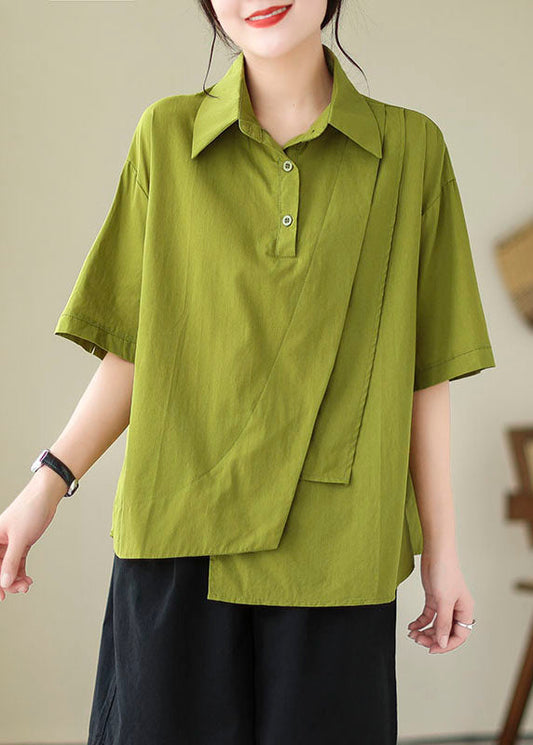 Green Patchwork Cotton Blouse Tops Peter Pan Collar Summer