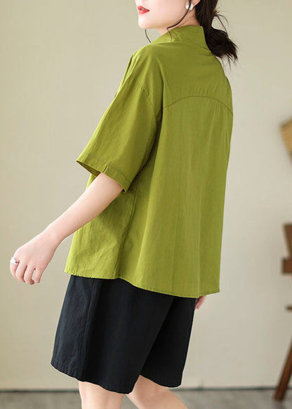 Green Patchwork Cotton Blouse Tops Peter Pan Collar Summer