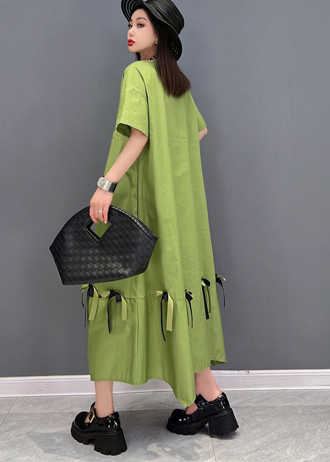 Green Patchwork Cotton Loose Dresses Ruffles Short Sleeve