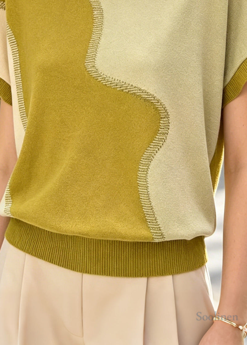 Green Patchwork Knit Blouse Tops Oversized Summer