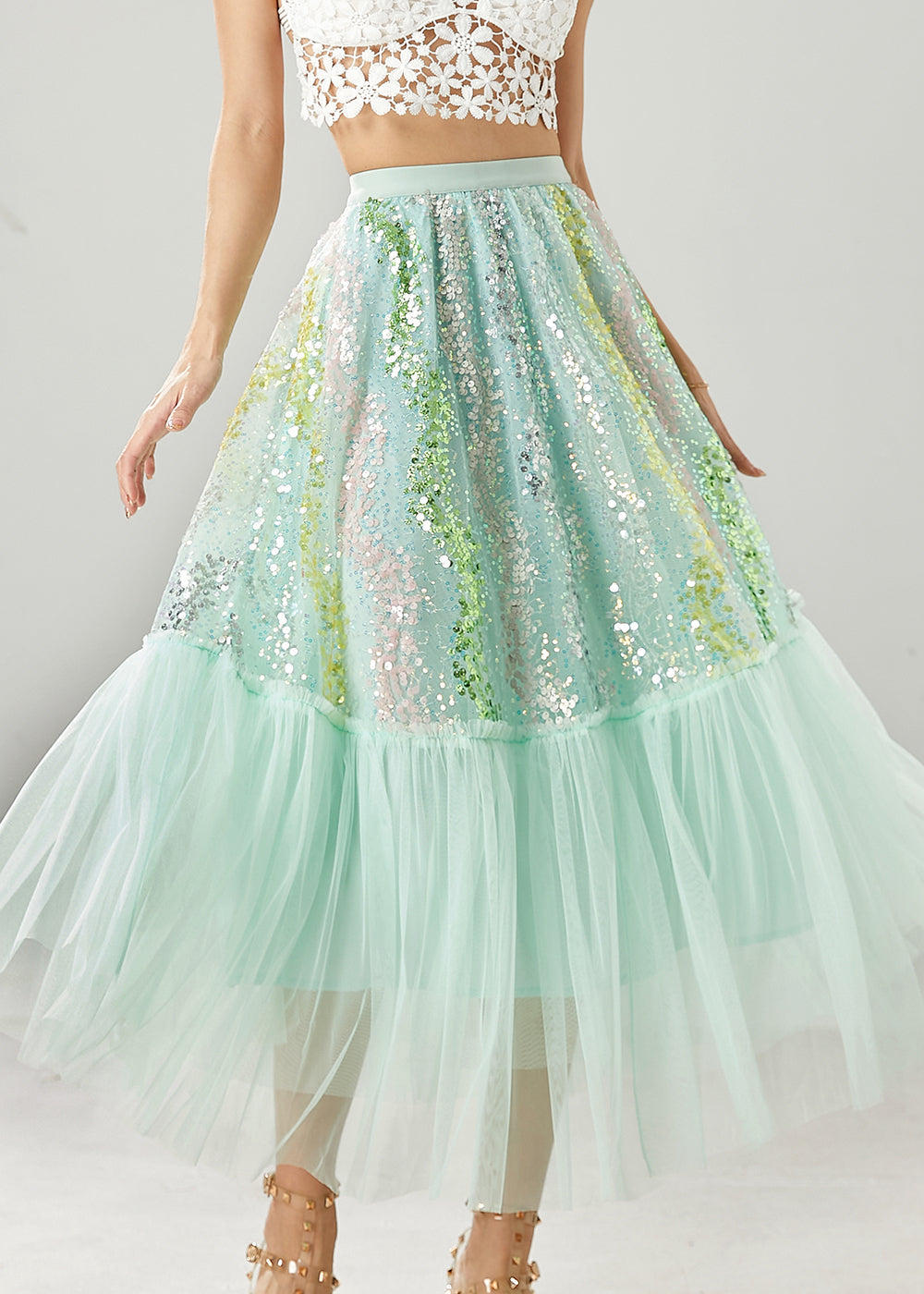 Green Patchwork Tulle a Line Skirts Sequins Spring