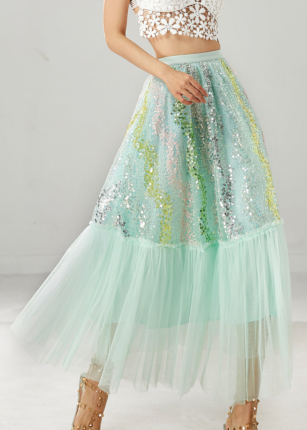 Green Patchwork Tulle a Line Skirts Sequins Spring