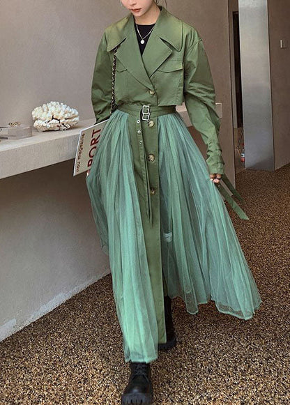 Green Patchwork Tulle Cotton Trench Peter Pan Collar Long Sleeve