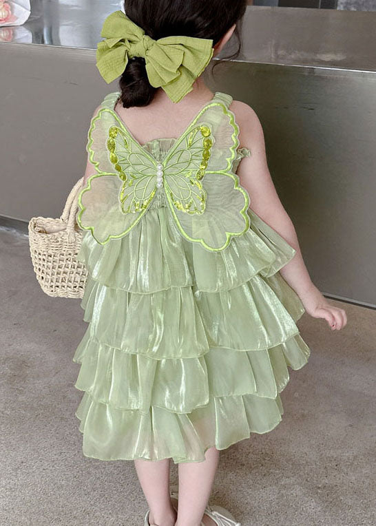 Green Patchwork Tulle Kids Long Dresses Wrinkled Summer