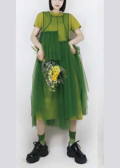 Green Patchwork Tulle Long Dress Hollow Out Color Summer