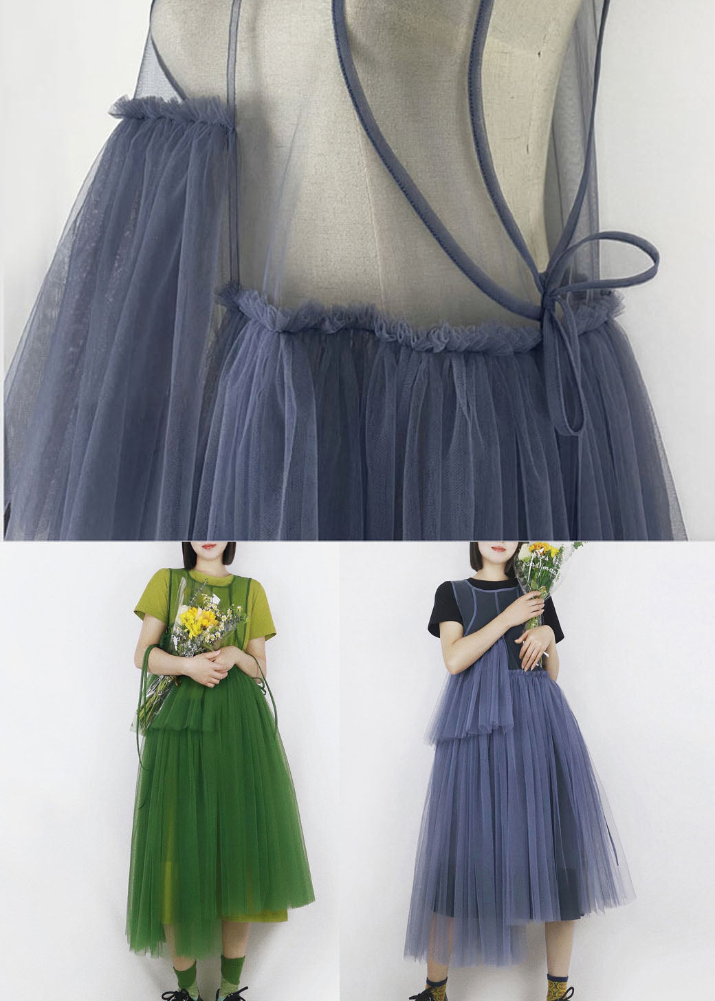 Green Patchwork Tulle Long Dress Hollow Out Color Summer