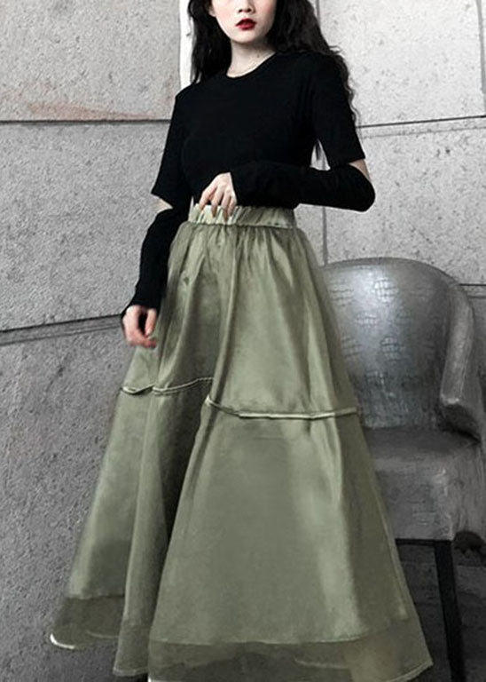 Green Patchwork Tulle Skirt Elastic Waist Spring