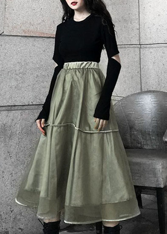 Green Patchwork Tulle Skirt Elastic Waist Spring