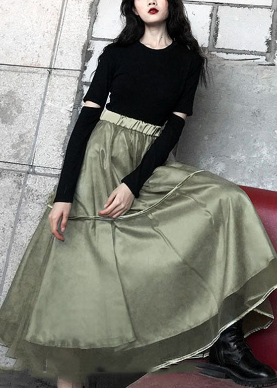 Green Patchwork Tulle Skirt Elastic Waist Spring