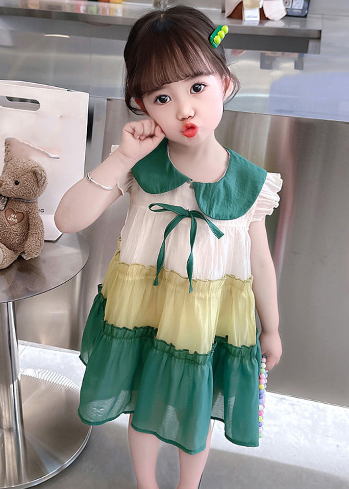 Green Peter Pan Collar Bow Cotton Mid Dresses Summer