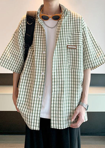 Green Plaid Cotton Shirt Peter Pan Collar Summer