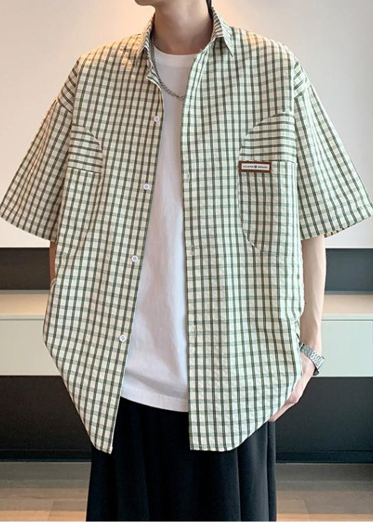 Green Plaid Cotton Shirt Peter Pan Collar Summer