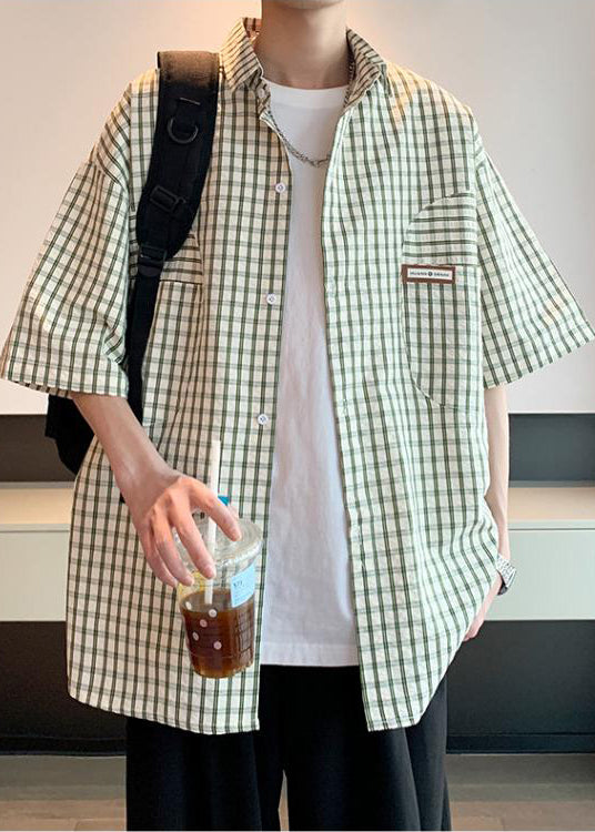 Green Plaid Cotton Shirt Peter Pan Collar Summer