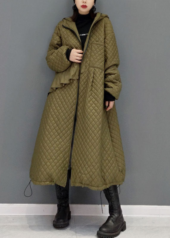 Green Plaid Fine Cotton Filled Coats Drawstring Zip Up Winter