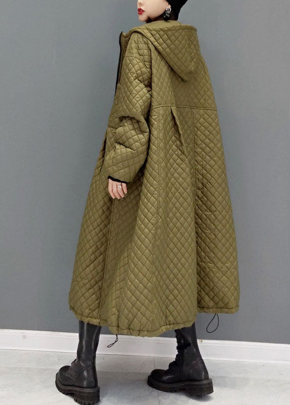 Green Plaid Fine Cotton Filled Coats Drawstring Zip Up Winter