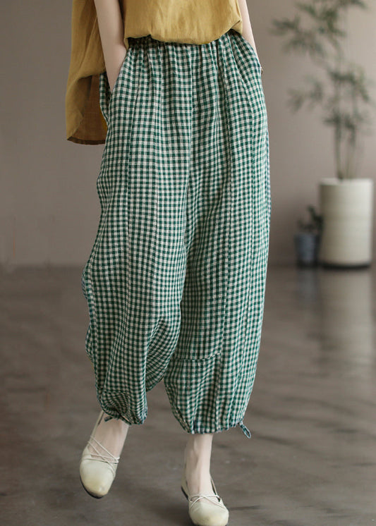 Green Plaid Lace Up Linen Crop Pants High Waist Summer