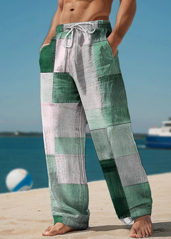 Green Plaid Pockets Cotton Summer Pants Elastic Waist