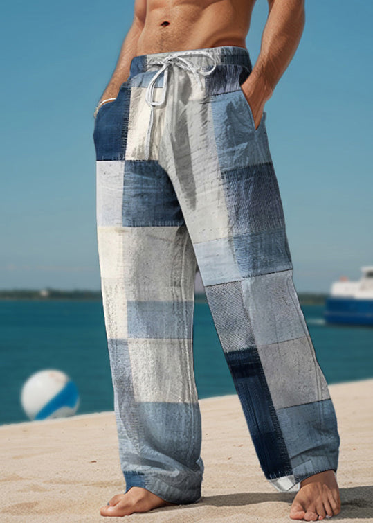 Green Plaid Pockets Cotton Summer Pants Elastic Waist