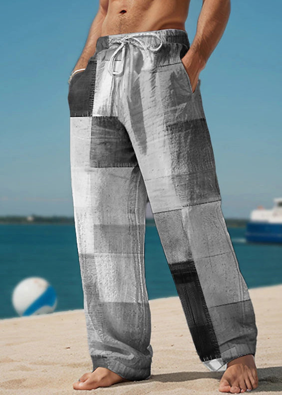 Green Plaid Pockets Cotton Summer Pants Elastic Waist