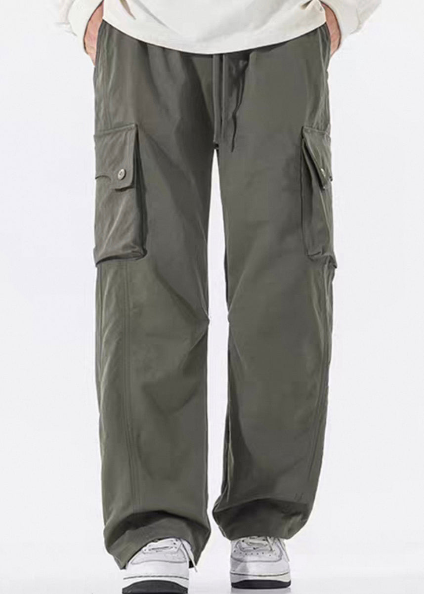 Green Pockets Cotton Pants Elastic Waist Spring