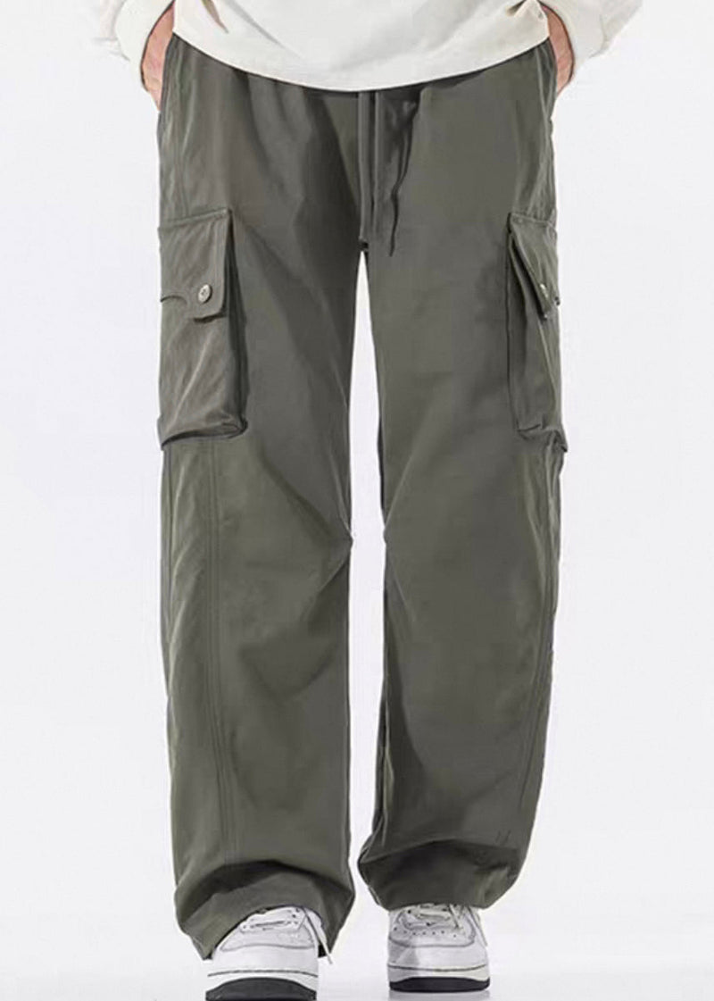 Green Pockets Cotton Pants Elastic Waist Spring
