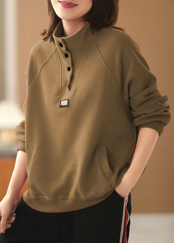 Green Pockets Cotton Pullover Stand Collar Oversized Long Sleeve