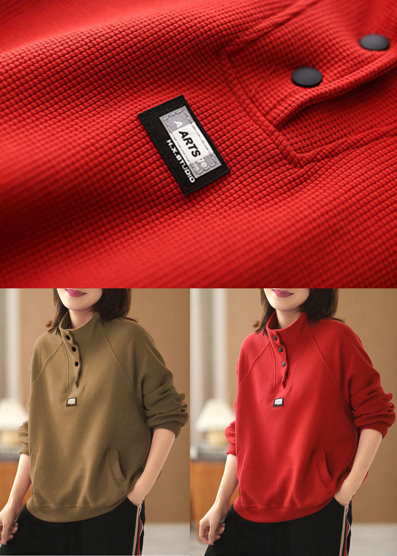 Green Pockets Cotton Pullover Stand Collar Oversized Long Sleeve