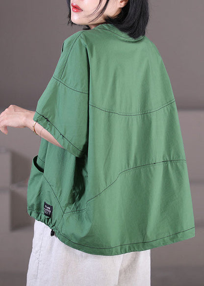 Green Pockets Cotton Tank Tops O-neck Drawstring Short Sleeve