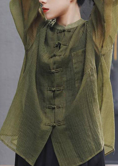 Green Pockets Loose Tulle Coats Mandarin Collar Button Spring