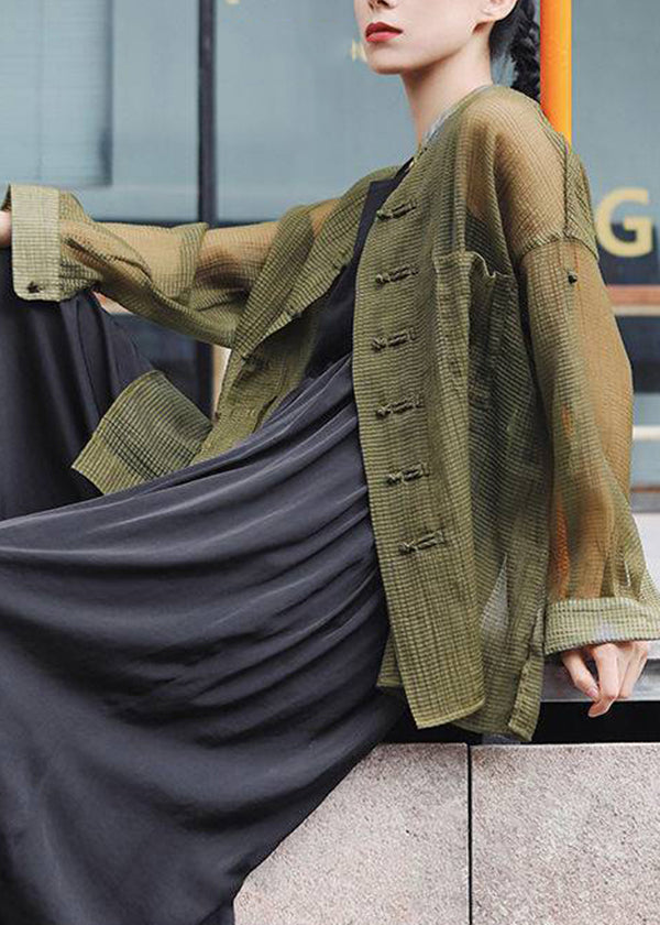 Green Pockets Loose Tulle Coats Mandarin Collar Button Spring